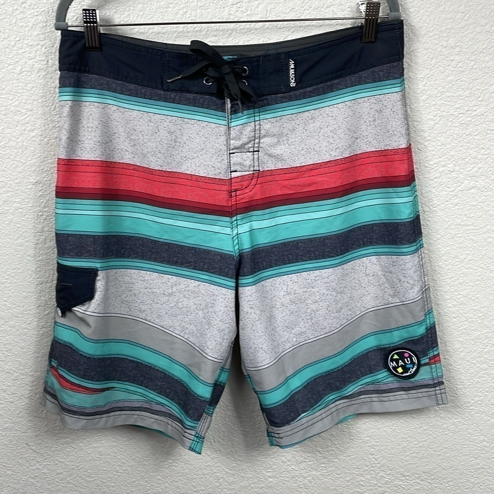 Maui and Sons Black Shark 4 Way Stretch Board Shorts Stripe Beachy